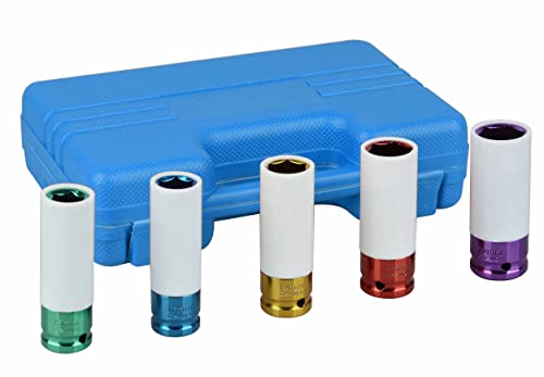 DAYUAN 5pcs 1/2-Inch Drive Lug Nut Impact Socket Set, Thin Wall Deep Wheel Protector Impact Socket Set, 6 Point, Metric, 15mm, 17mm, 19mm, 21mm, 22mm