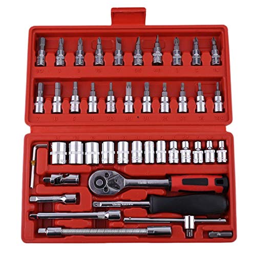 46 Piece 1/4" Drive Socket Wrench Driver Bits Metric Set Flexible Extension Rods with Reversible Ratchet Spanner for Car Bicycle Motor