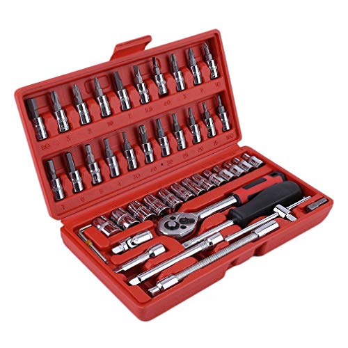 46 Piece 1/4" Drive Socket Wrench Driver Bits Metric Set Flexible Extension Rods with Reversible Ratchet Spanner for Car Bicycle Motor