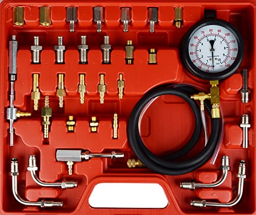 DAYUAN Fuel Injection Pressure Tester Kit, 0-140 PSI Gauge Dual Dial for Accurate Reading